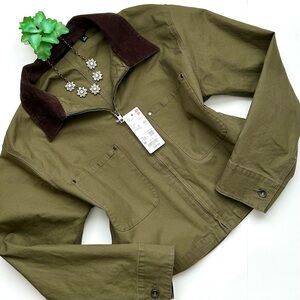 Uniqlo Zip-Up Short Jacket Crop Barn Coat Corduroy Trim Olive Green Size S NWT